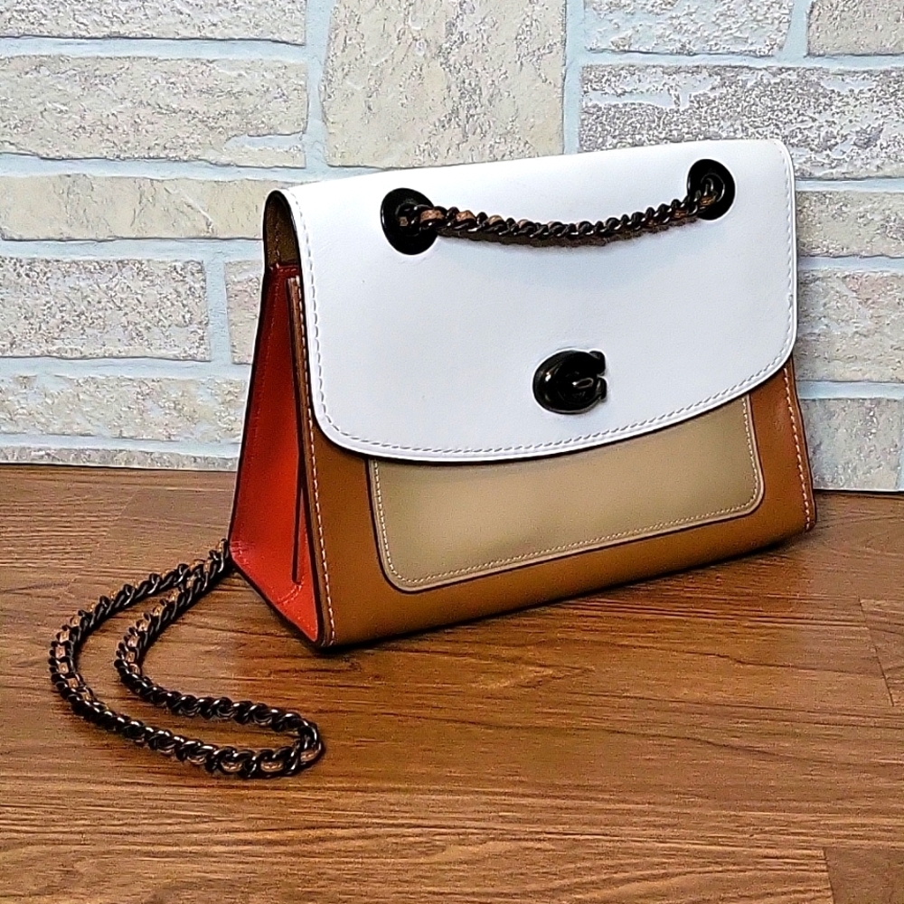 Coach Colorblock Leather Crossbody Bag in White, Tan & Orange